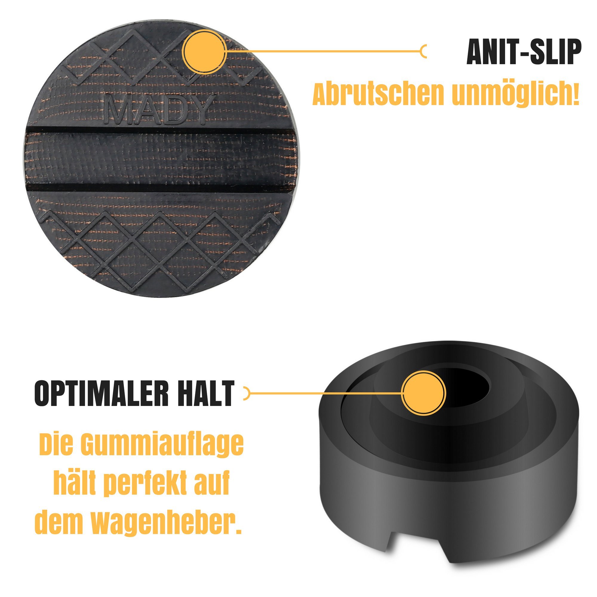 Wagenheber Gummiauflage von MADY - Verbesserte Bruchsichere Auflage für Rangierwagenheber - Kompatibel mit allen gängigen Rangier-Wagenhebern, Hebebühnen & Fahrzeugrahmen - Gummi Auflage-Wagenheber für PKW und SUV (mit Aufnahme)
