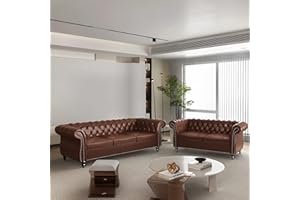 ORRD 2 Piece Living Room Set, Chesterfield Leather Sofa Loveseat Couch with Scroll Arms and Nailhead for Living Room, Office (Dark Brown)