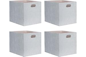 ArcaGuru 13x15x13 Storage Cube Bins, Linen Foldable Fabric Organizer Bins Storage Cubes Baskets Box Drawers with Handles for Shelves, Closet, Wardrobe, Bookshelf, Coffee, 4 Pack, Gray