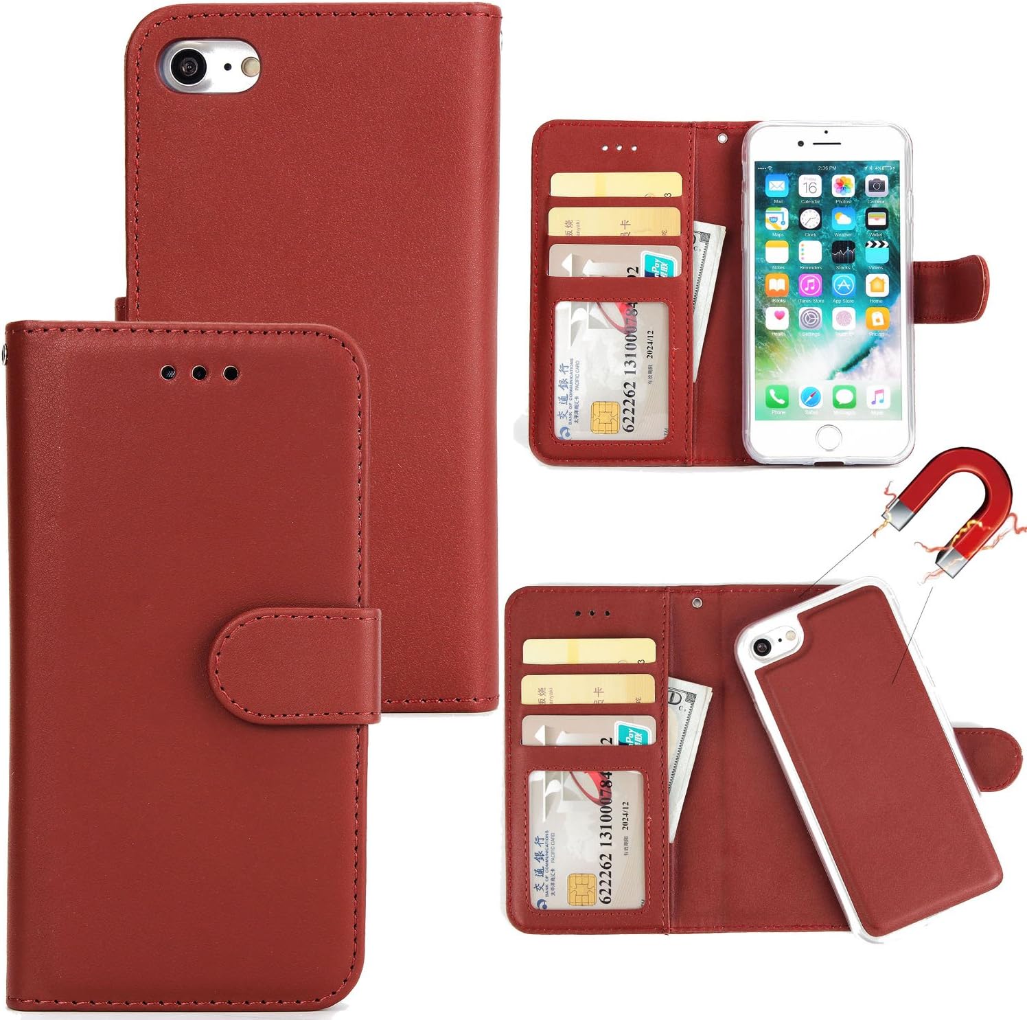 iPhone 7/8 Removable Case, YEBMoo [2 in 1] Detachable PU Leather iPhone7 Wallet Card Case Flip Phone Case Cover with Magnet Closure For iPhone7/8 4.7inch (Iphone7 Brown XYP)