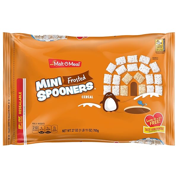MALT-O-MEAL MINI FROSTED SPOONERS BREAKFAST CEREAL, SWEET FROSTED-WHEAT SQUARES, FAMILY BULK SIZE 27 OZ RESEALABLE BAG