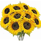 Mutcolor 10 Pcs Sunflowers Artificial Flowers with Long Stems Silk Fake Large Sunflowers Bouquet Faux Sunflower Arrangement for Outdoor Indoor Home Vase Table Wedding Party Garden DIY Decor (Yellow)