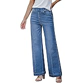 GRAPENT Pull On Womens Jeans Baggy Stretchy High Waisted Denim Wide Leg Trouser Pants Trendy Front Seam 90s Loose Jean