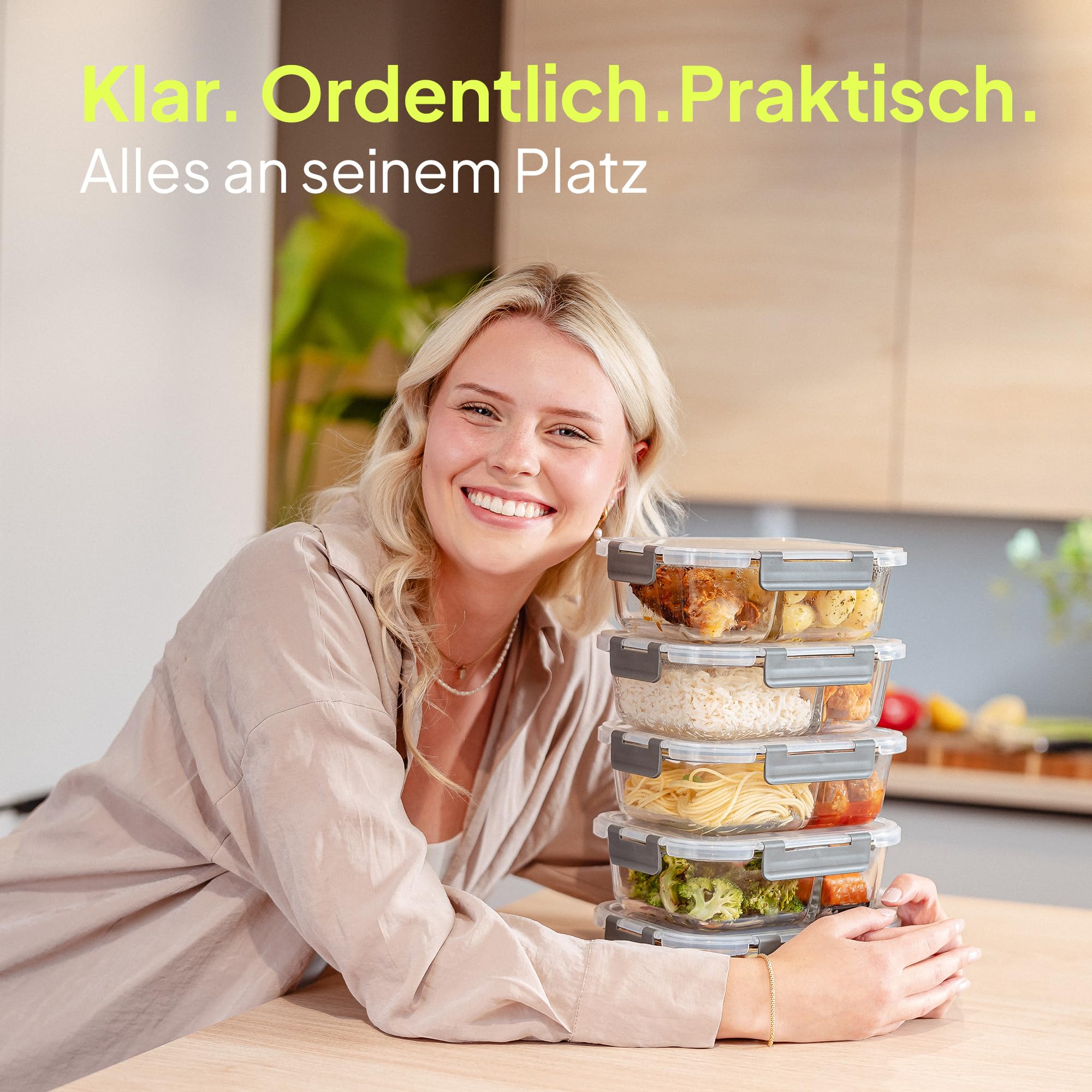 uandu Glasbehälter mit Deckel, 10- teilig, mit 2 Fächern, Borosilikatglas mit Deckel, Meal prep Gläser, Frischhaltedosen Glas mit Deckel, Glasdosen mit Deckel Set, Meal prep Boxen 5 Behälter+5 Deckel 7