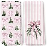 QZQE Pink Christmas Kitchen Towels Set of 2, Preppy Christmas Decor Dish Tea Towels for Kitchen, Coquette Pink Bow Christmas Tree Mistletoe Decorative Hand Towel for Bathroom 16x24 Inch