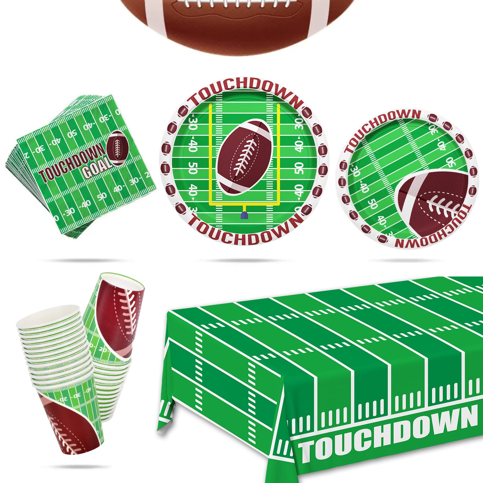 Photo 1 of Football Decoration Party Supplies Kit Serve 25, Includes Dinner Plates, Dessert Plates, Napkins, Cups,and Football Tablecloth Perfect for Football Birthday Party Football Gameday Tailgate Party