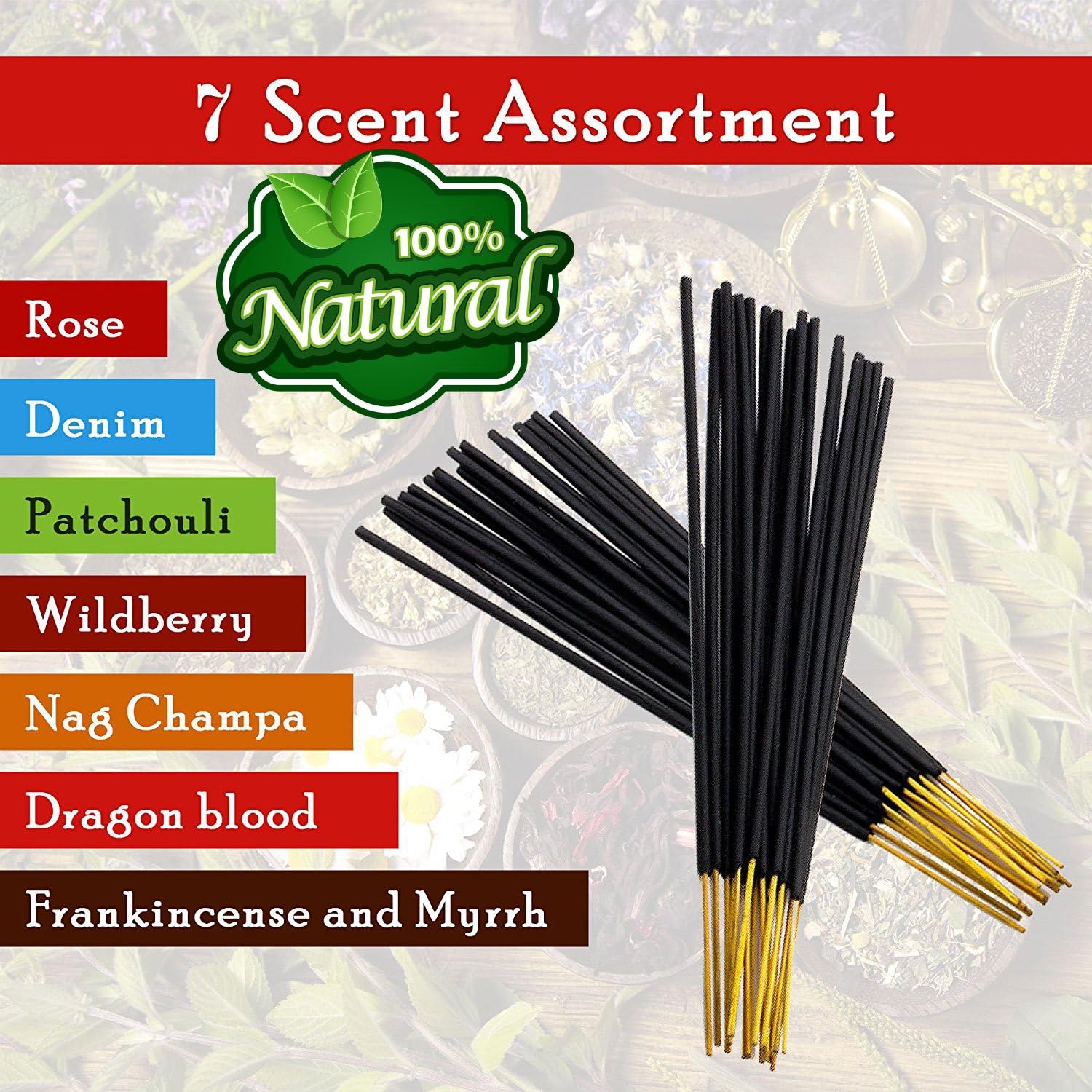 Bless 7-assorted-scents-Frankincense-and-Myrrh-Patchouli-Denim-Rose Dragon-blood-Nag-champa-Wildberry 100%-Natural-Incense-Sticks Handmade-Hand-Dipped The-best-140-pack-20-Sticks-each-fragrance