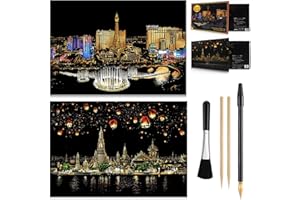 MUGIT 2 Pack Scratch Art Rainbow Painting Paper, Sketch Pad DIY Night View Scratchboard for Kids & Adults, Engraving Art & Craft Set, Scratch Painting Creative Gift, 16'' x 11.2'' (Las Vegas-Chiang Mai)