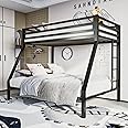 ikalido Metal Loft Bunk Bed Twin Over Full Size with Safety Guardrail and Ladder, No Box Spring Needed Space Saving Bedroom Furniture, Matte Black