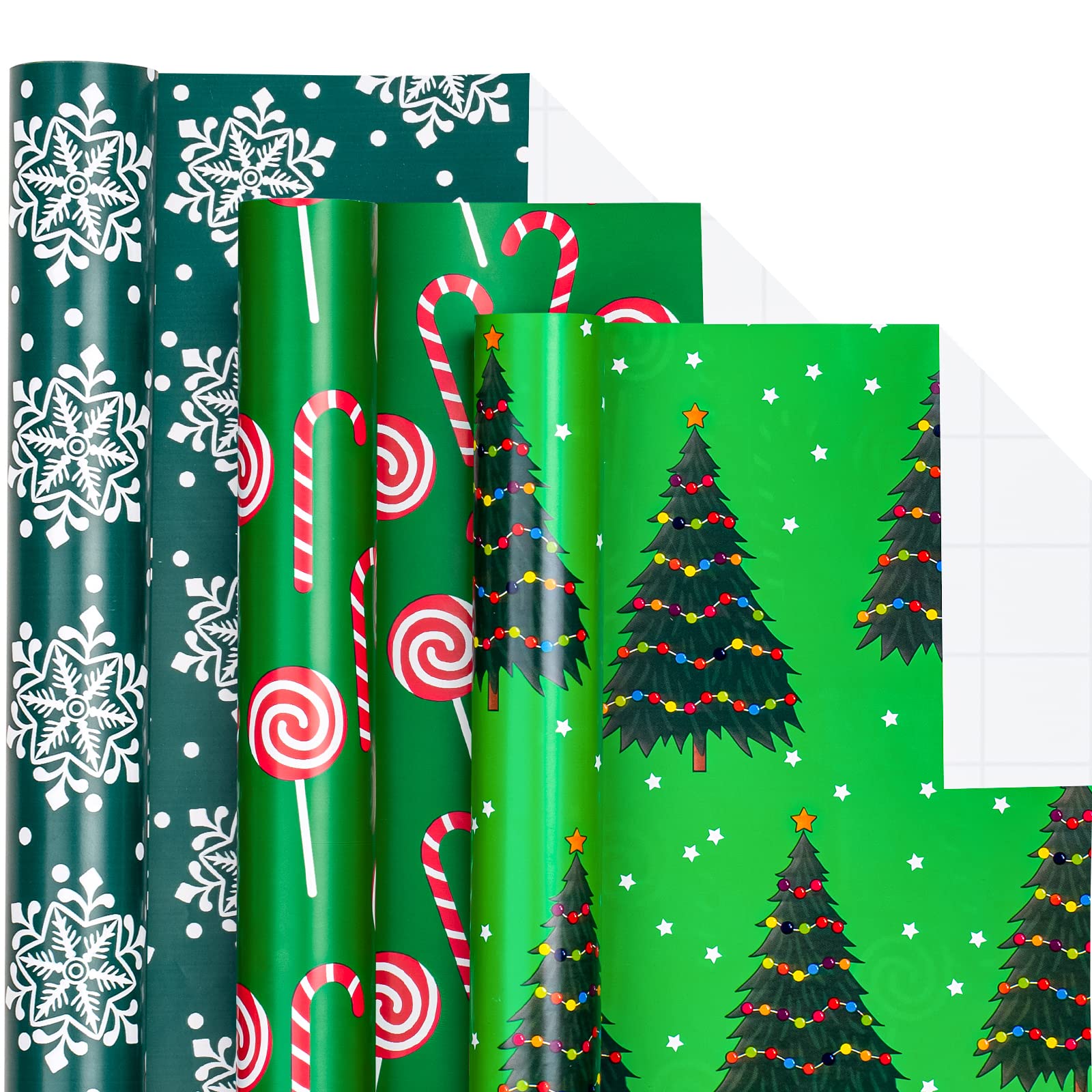 Holijolly Christmas Wrapping Paper Roll - Half Roll - Christmas Trees/Candy Cane/Snowflake for Gift Wrap, DIY Craft - 43 x 305 cm x 3 Rolls (42.6 sq.ft.TTL.)