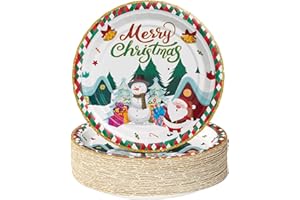 AFZMON 50 Pack Christmas Party Plates Dessert Paper Dinnerware Plates, 7 Inch Snowman Santa Gift Box Wooden Cottages Theme Disposable Round Plate for Xmas Holiday Party Supplies