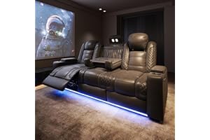 VanAcc Home Theater Seating, Movie Loveseat Recliner Chair with USB Wireless Charging, 3 Theatre Seats Couch Sofa for Media Room w/Electric Headrest, LED Light, Fold Down Table