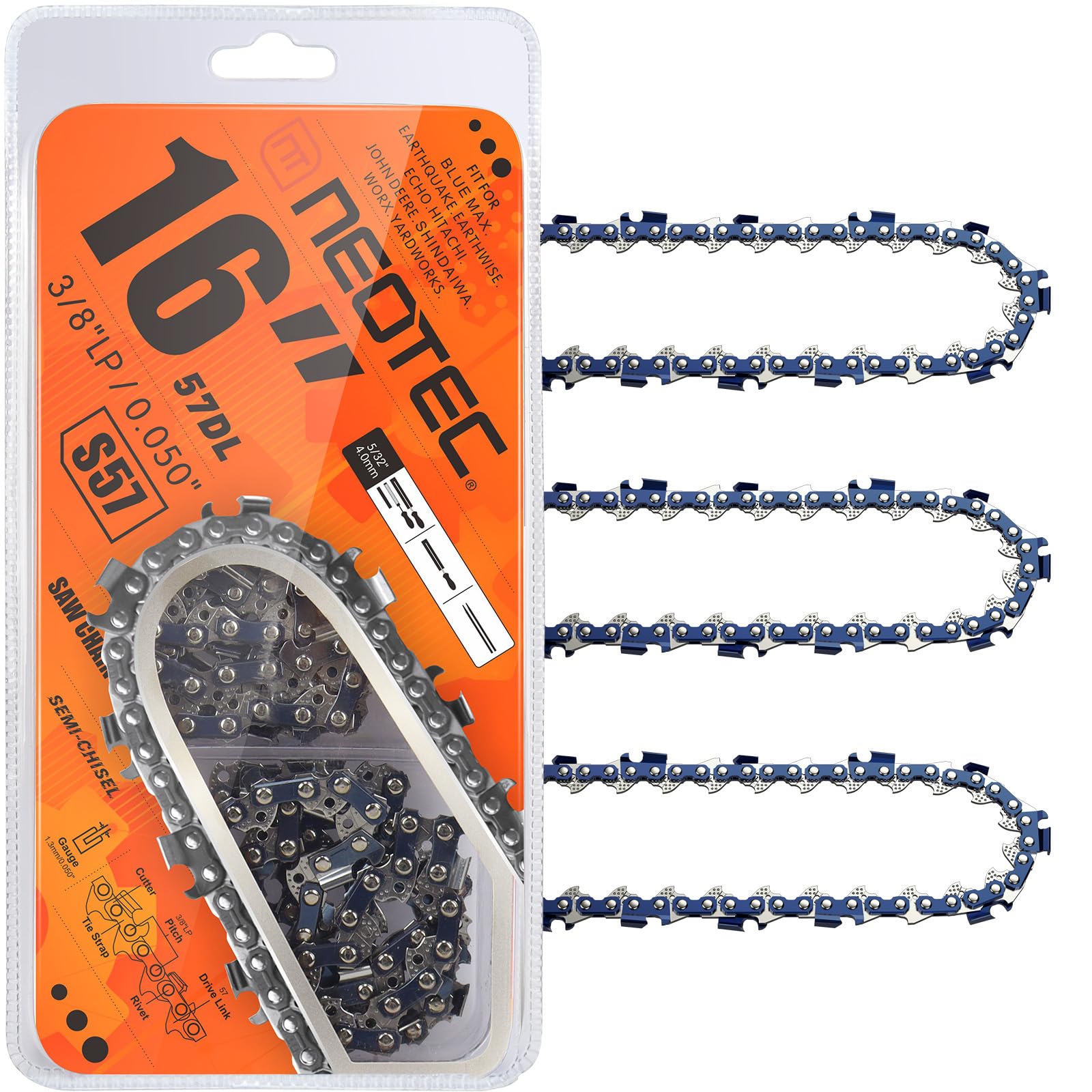 Photo 1 of 16 Inch Chainsaw Chains S57 3/8" LP Pitch .050" Gauge 57 Drive Links Fits for Echo CS-3510/352/3400/400, Worx WG300,WG303 - S57 (3 Chains)