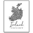 Ireland Map Wall Art Print - 8x10 Silhouette Decor Print with Coordinates. Makes a Great Irish-Themed Gift. Shades of Grey, Black & White.