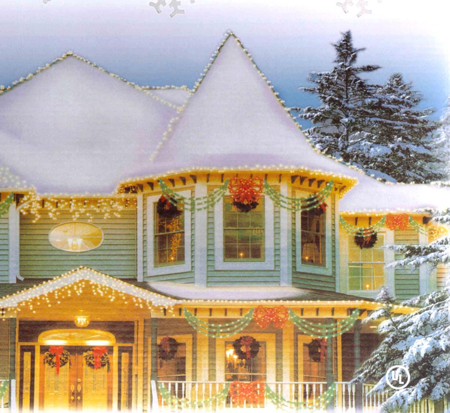 Lighted Green Swags and Red Bow Outdoor Christmas Window Decoration