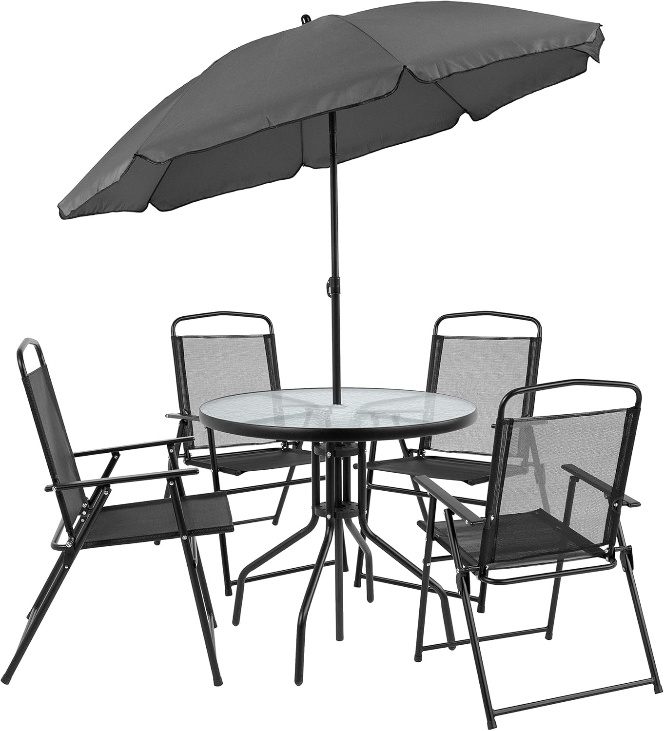 Flash Furniture Nantucket 6 Piece Black Patio Garden Set with Umbrella Table and Set of 4 Folding Chairs : Garden & Outdoor