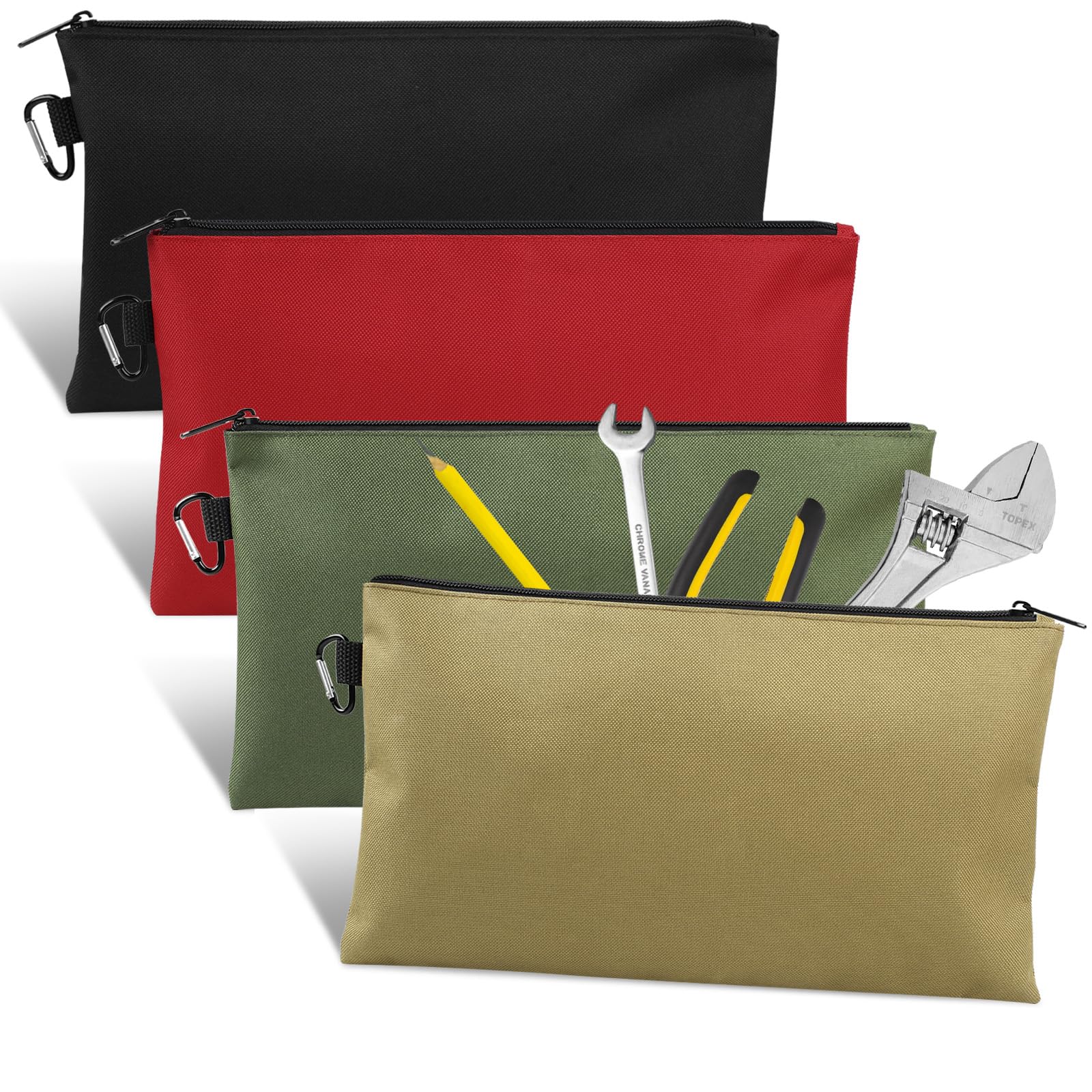 Photo 1 of 4 Pack Tool Bag, Premium Tool Pouch Zipper Bag, 12" Tool Pouch with Zipper, Multipurpose Storage Pouch with Carabiner for Tools, Stationary, Pencil Pouch, Gadgets, Cosmetics