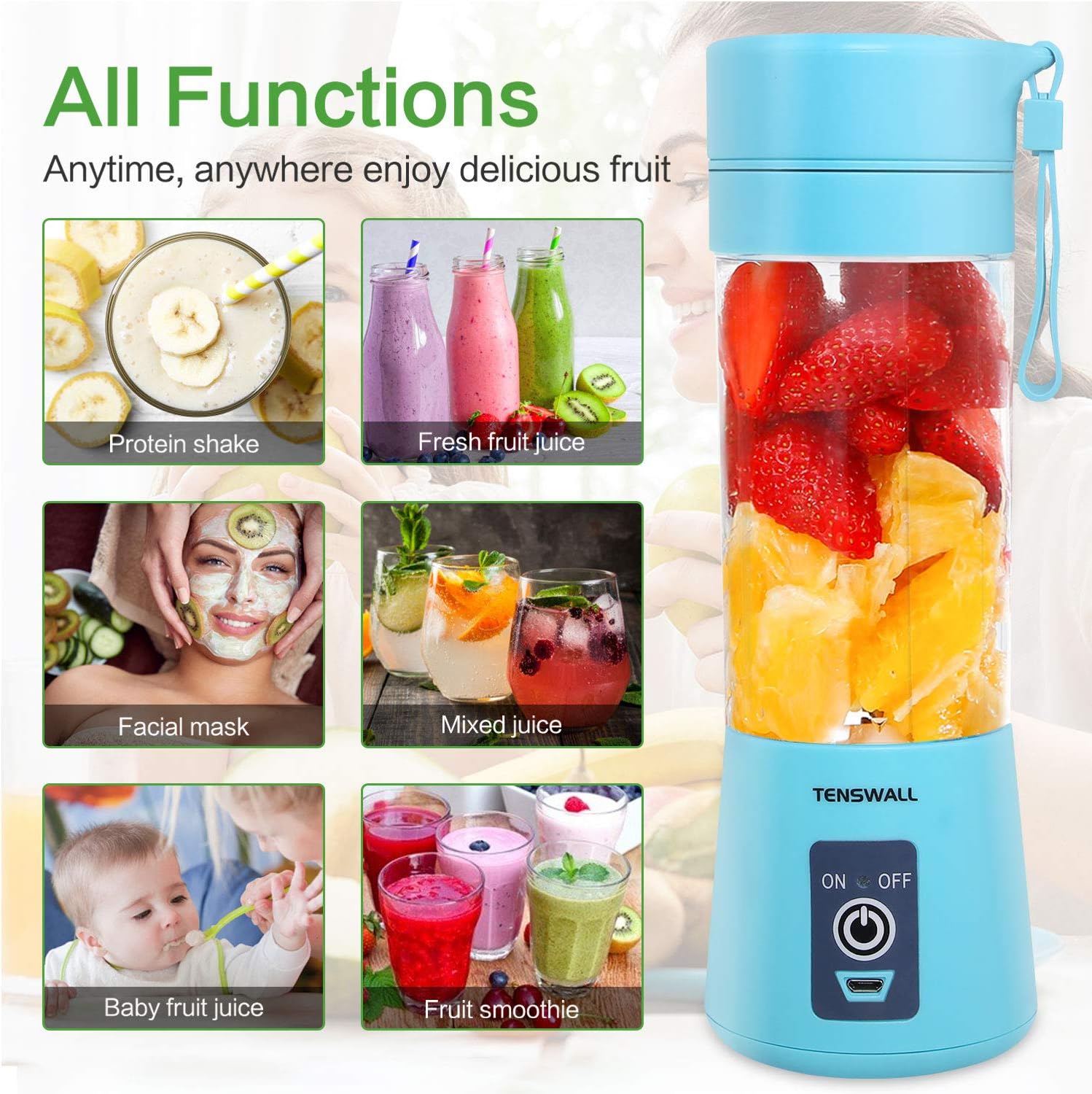 Portable Blender, Personal Size Blender USB Rechargeable with 6 Blades for Shakes and Smoothies, Mini Blender with 13oz Jucie Cup for Sports, Travel, Gym, home and office Blue: Kitchen & Dining