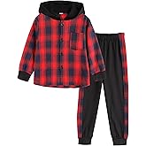 MINITEENICE Toddler Boys Clothes Button Down Hooded Plaid Long-sleeve Tops + Sweatpants 4-10 Years Old