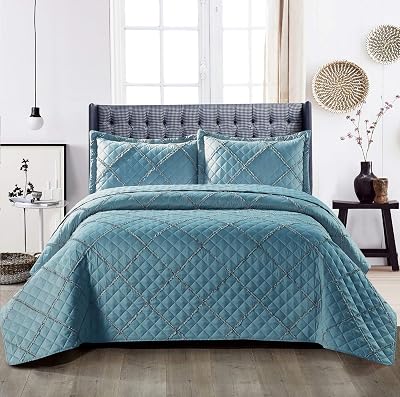 B&B King Bedspread Set 240x250cm Reversible Embossed Blue Quilted