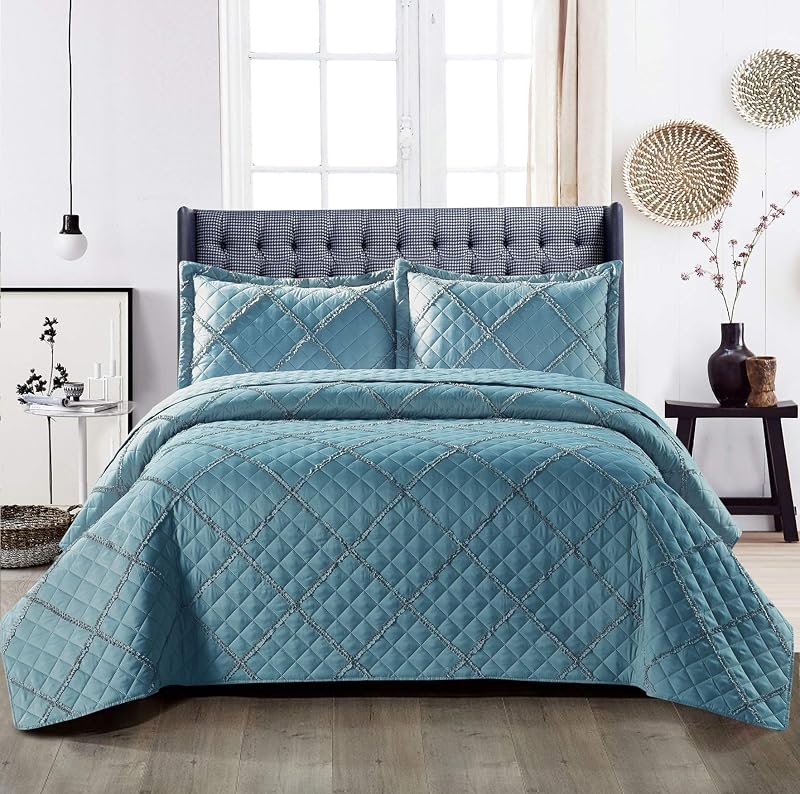 B&B King Bedspread Set 240x250cm Reversible Embossed Blue Quilted