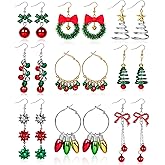 AFSITNIG 4/9 Pairs Christmas Earrings for Women Holiday Earrings Christmas Stocking Stuffers Gifts Jewelry Xmas Tree Bow Bell Hook Dangle Earrings Light Bulbs Wreath Hoop Earrings Set