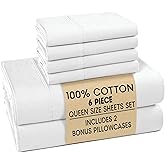 Casa Platino Queen Sheets Set –100% Cotton Queen Sheets with 4 Pillowcases, Lightweight Feel & Secure Fit, Crisp & Breathable Percale Weave with 15" Deep Pocket, Soft and Cozy – Pure White