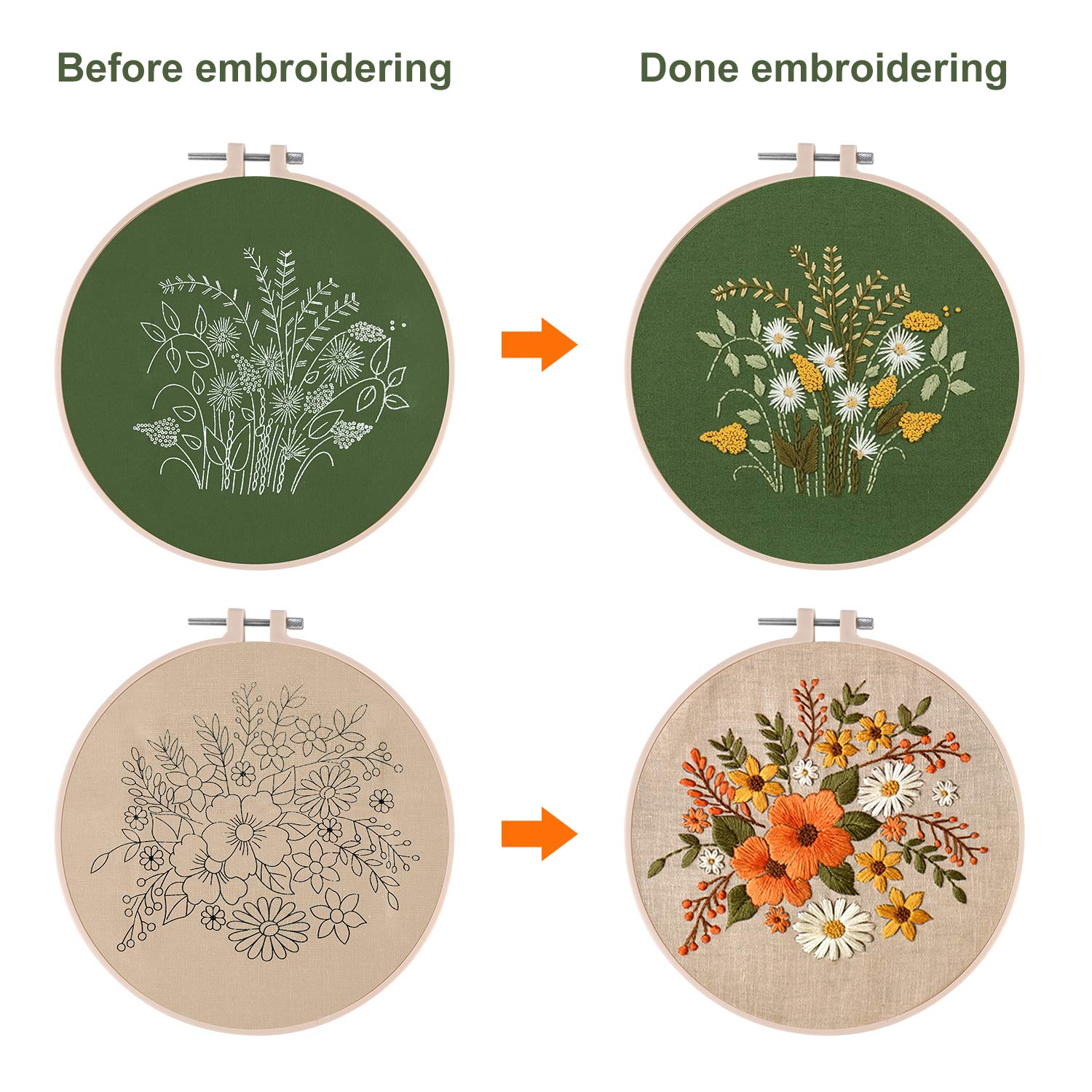 FEPITO 2 Sets Full Range Embroidery Starter Kit with Pattern and Instructions Cross Stitch Kit Includes 2 Pcs Embroidery Clothes with Floral Pattern, 1 Pcs Plastic Embroidery Hoops, 1 Pcs Scissor
