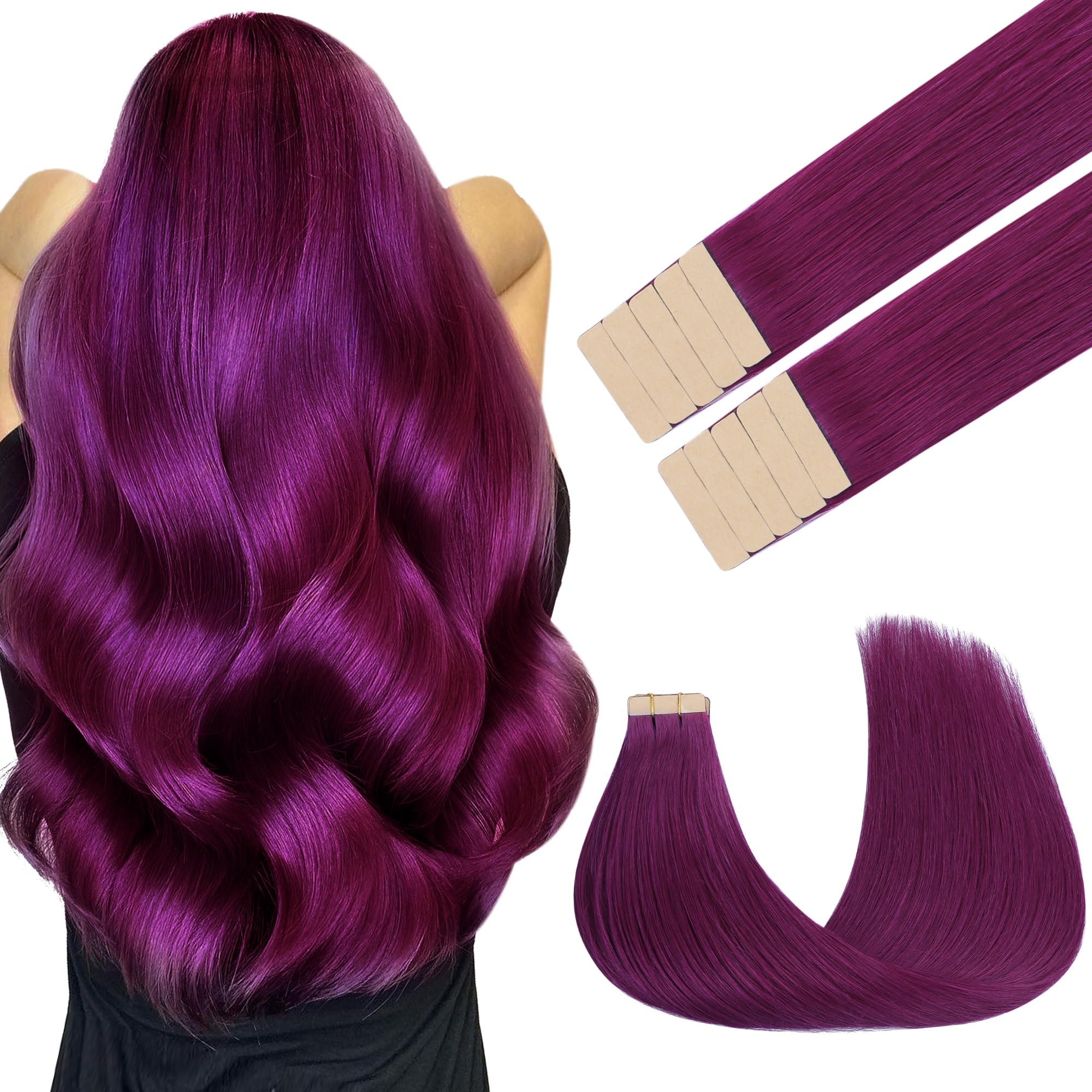 GOO GOO Tape in Hair Extensions Human Hair, Violet 10pcs 25g 18inch, Colored Tape ins Human Hair Extensions, Silky&Soft Invisible Tape Ins, Straight Remy Hair Highlighted for Party — image 1