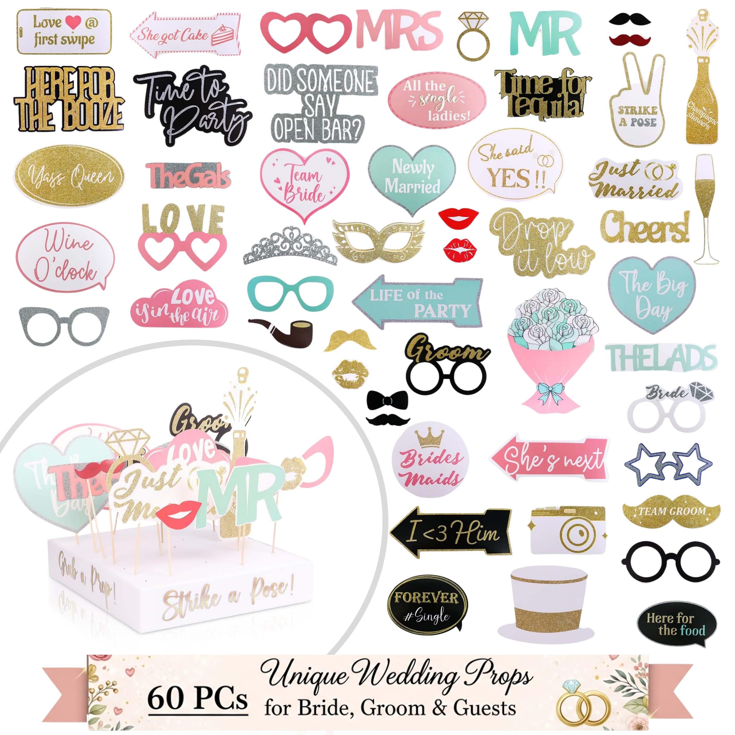 SOUL SHIFT 60PCs Pastel Themed Wedding Photo Booth Props - Pre-Assembled | Elegant Wedding & Reception Party Props | Funny Props Real Glitter Bridal PhotoBooth