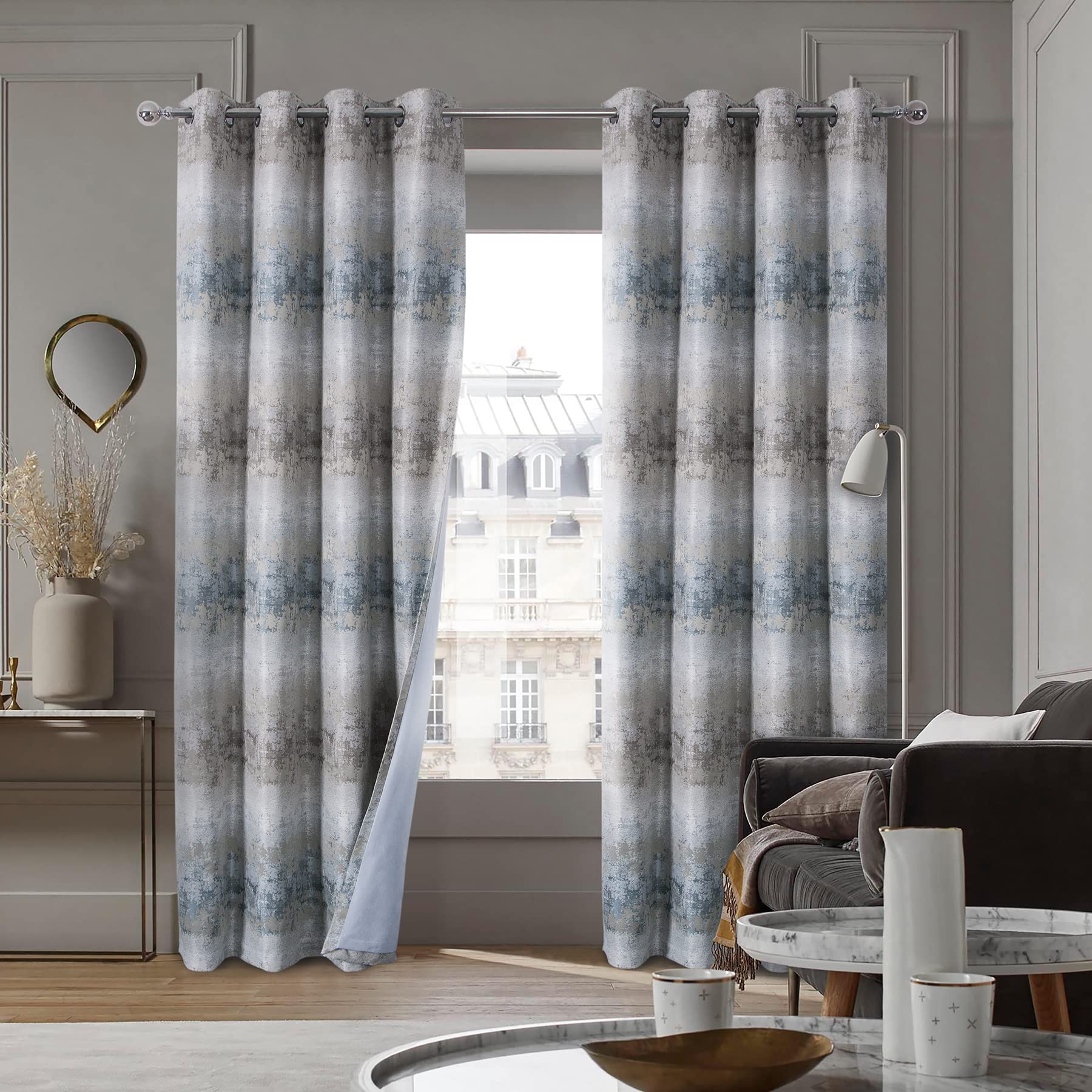 always4u Dark Curtains Ancient Castle Curtain Gradient Drapes for Living Room Textured Bedroom Window 1 Pair Blue 66x72