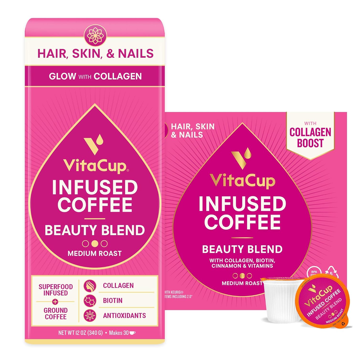 VitaCup Beauty Coffee Bag & Pod Bundle | Collagen Peptides & Biotin | Hair, Skin & Nails Health | Keto & Paleo Friendly | Cinnamon & B Vitamins Infused | 16 Count Pod & 12 oz Ground Coffee Bag