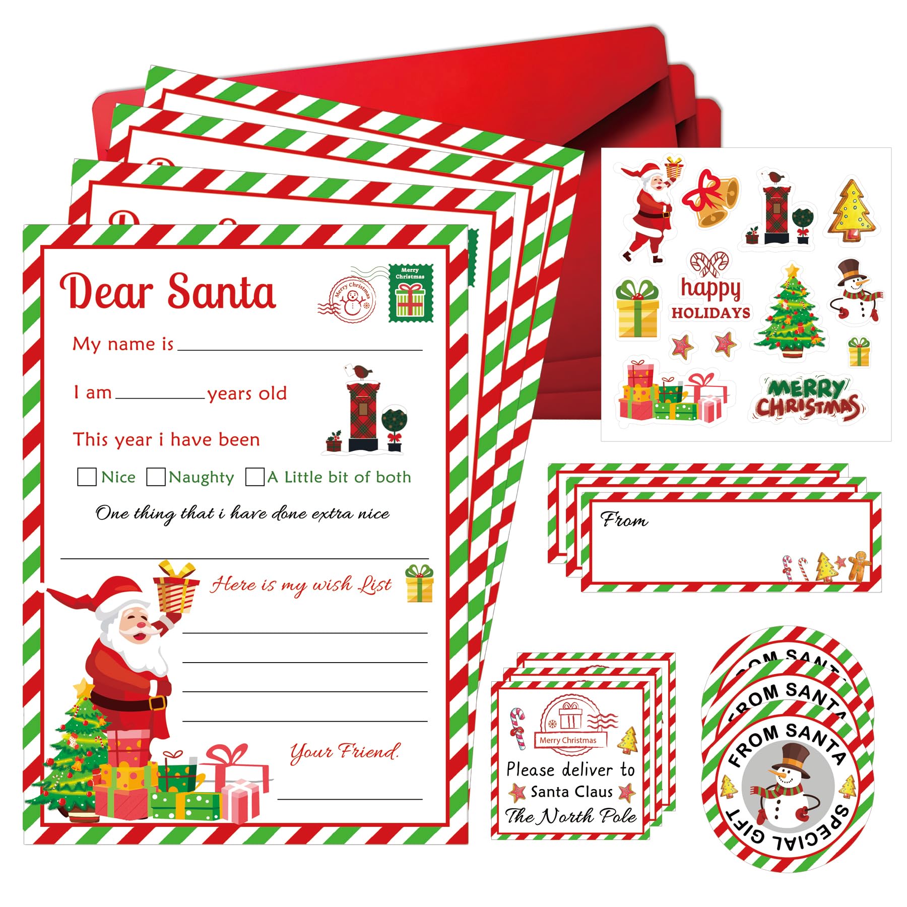 10 Set Official Letter to Santa Kit with Seals Address Labels 5x7 inch Christmas Wish List Cards with Red Envelopes Certificate from Santa Claus for Holiday Greeting Supplies