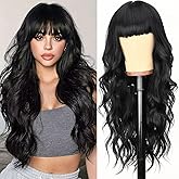 AISI HAIR 【Beginner Friendly Wigs Black Wig with Bangs Long Wavy Synthetic Wig for Women with Daily Party Use