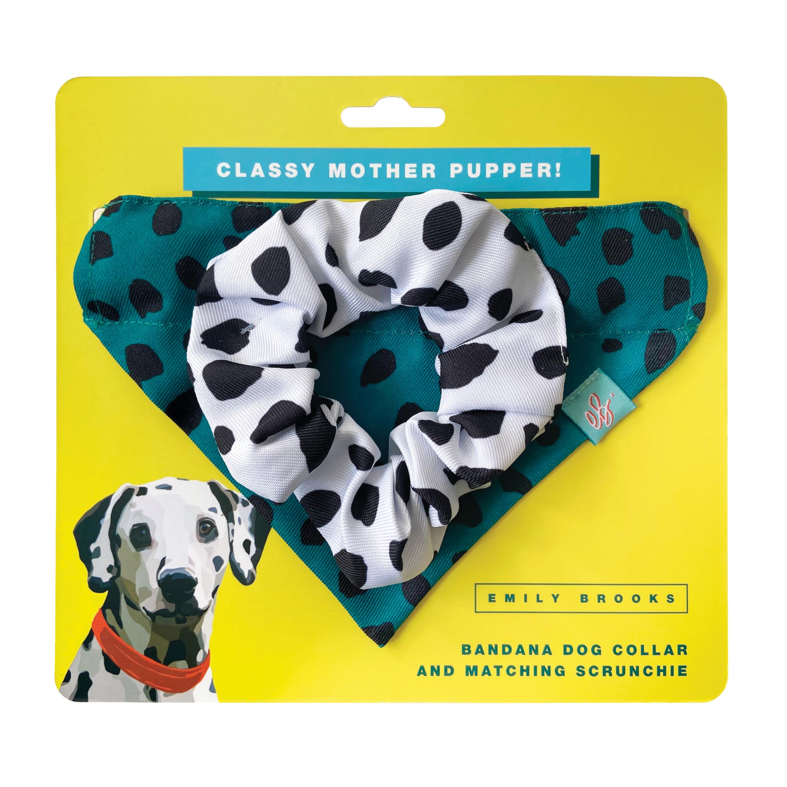 Emily Brooks Dog Collar Bandana & Matching Scrunchie - Dalmation Spot Print, Green, 30-39cm, Canvas, Adjustable, Buckle Closure, Unisex, Adult Dog, Animal Collar, Matching Set