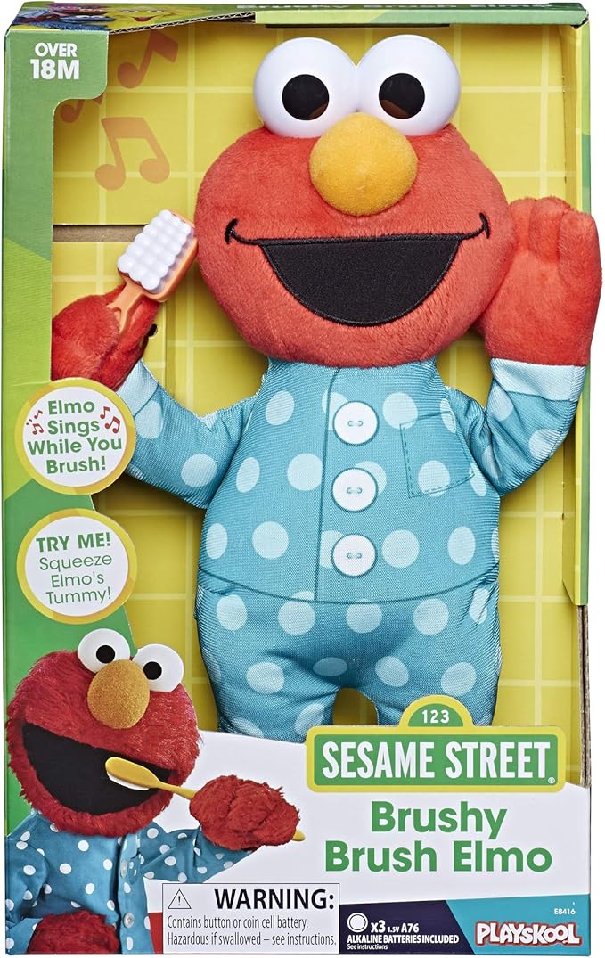Amazon Com Sesame Street Brushy Brush Elmo 12 Inch Plush Sings The Brushy Brush Song Toy For Kids Ages 18 Months And Up Toys Games