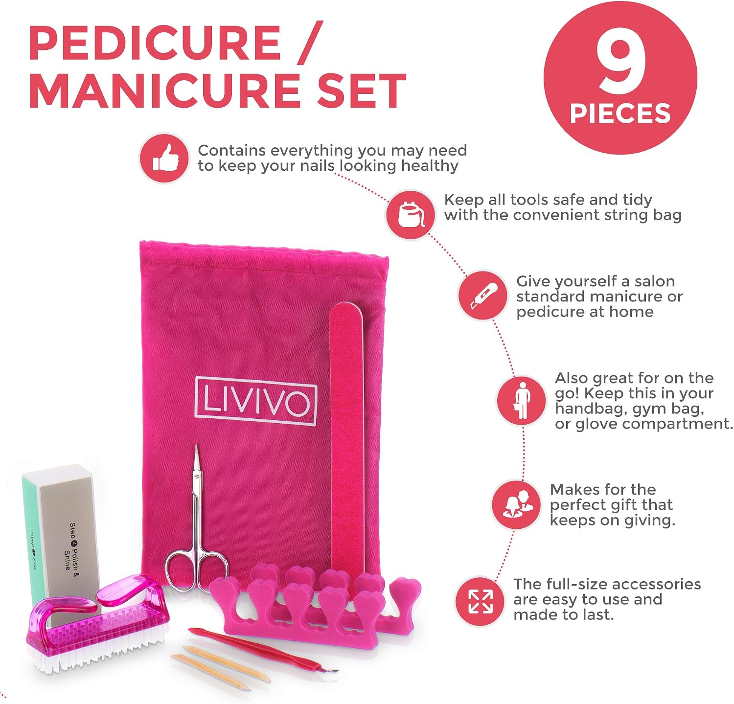 LIVIVO 9 Piece Manicure & Pedicure Kit, Nail Grooming Set for Natural & Acrylic Nails with Emery Board, Buffer Block - Image 4