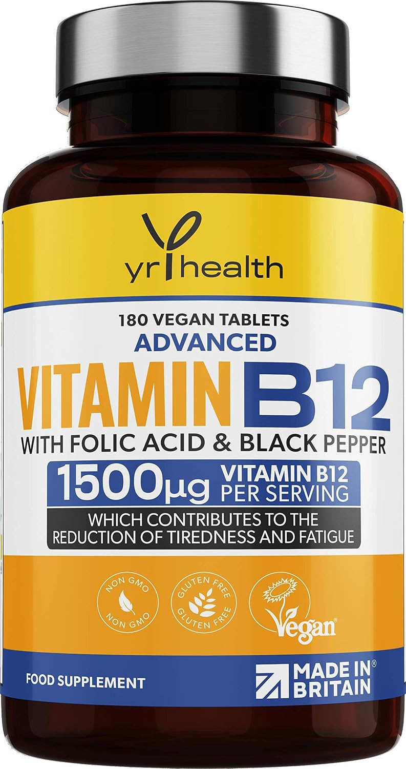 Vegan Vitamin B12 Tablets 1500mcg Methylcobalamin High Strength with Added Folic Acid & Black Pepper