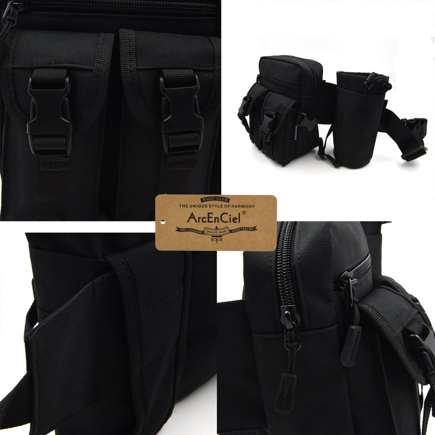 ArcEnCiel Tactical Waist Bag Waterproof Bum Bag Military Waist Utility Belt Water Bottle Pouch Pack for Trekking Hiking Walking Bike Cycling Climbing (Black) : Sports & Outdoors