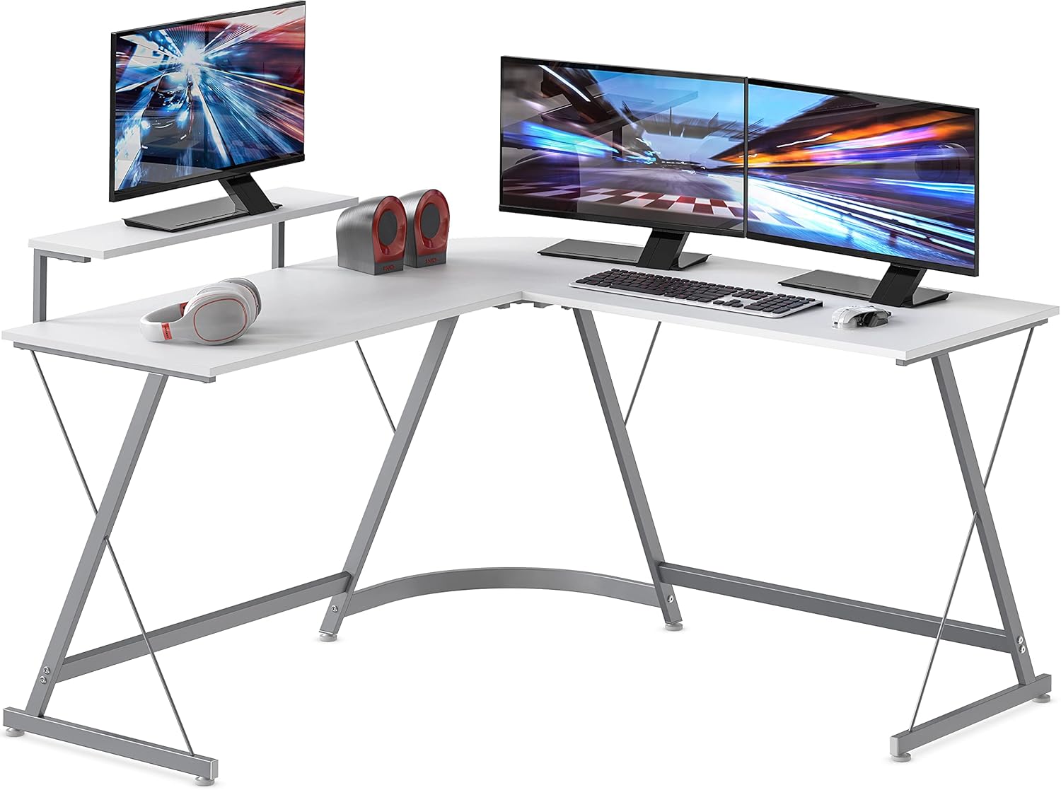 SHW Vista L-Shape Desk with Monitor Stand, White