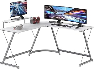 SHW Vista L-Shape Desk with Monitor Stand, White