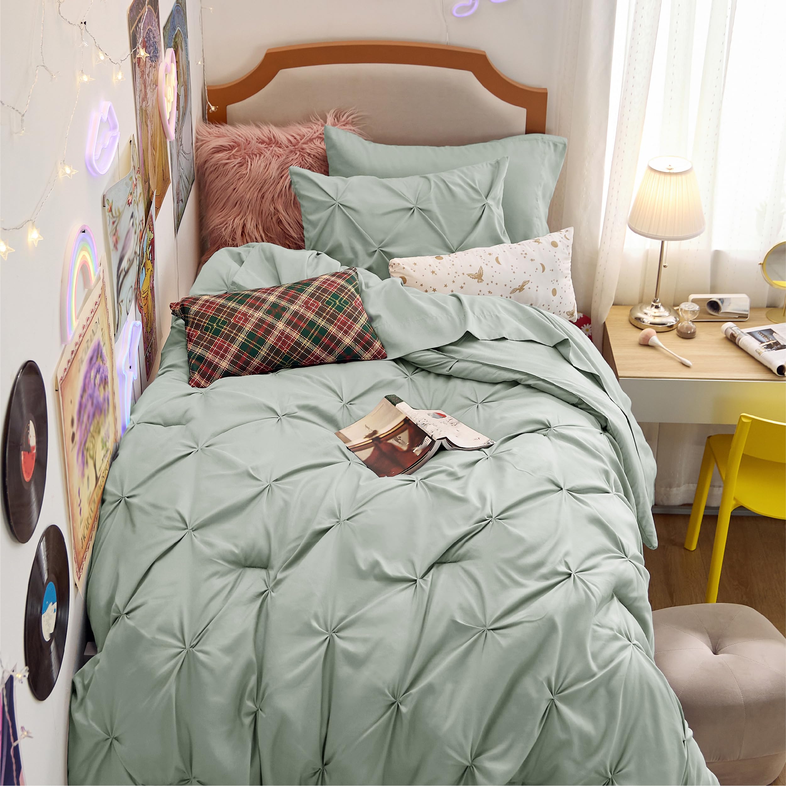Photo 1 of Bedsure Twin Comforter Set Sage Green - Bed in a Bag Twin Size 5 Pieces, GentleSoft™ Pintuck Bed Set Gift for Family, Pinch Pleat Sage Green Comforter with Sheets, Pillowcase & Sham