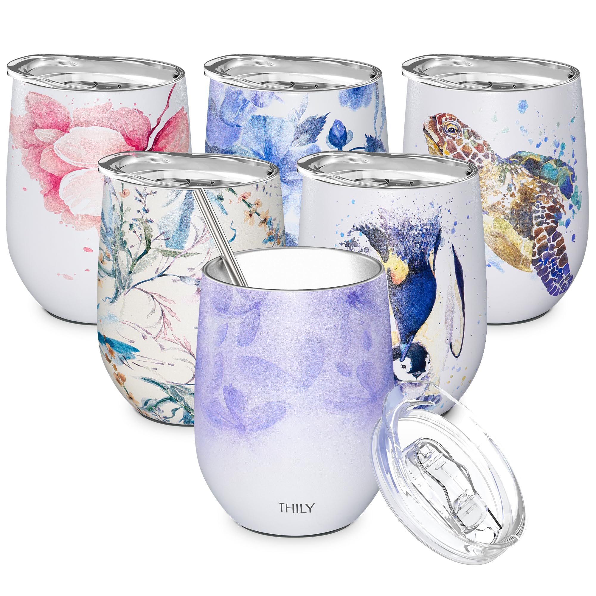 THILY Stainless Steel Insulated Wine Tumbler Stemless Wine Glass with Lid and Straw, Splash-Proof, Cute Travel Cup for Coffee, Cocktails, for Women, Mother, Wife, Girls, Violet Leaves
