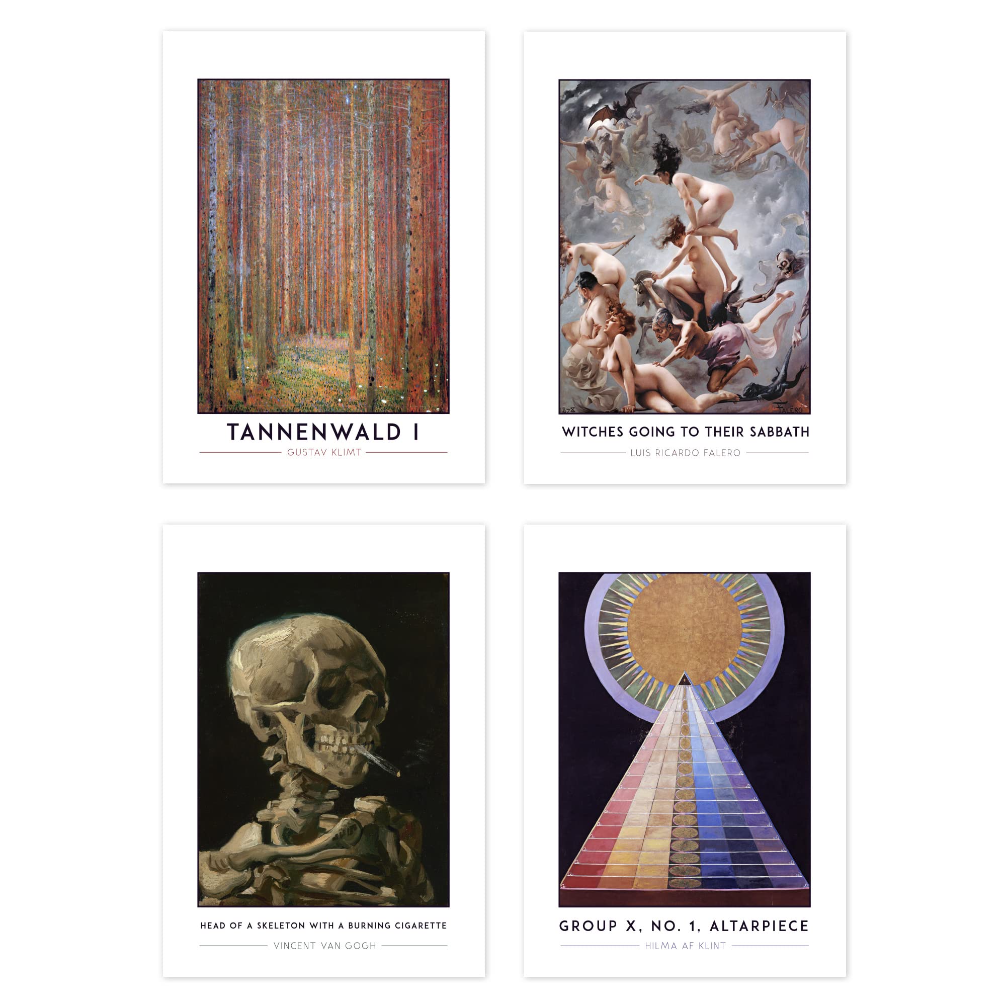 Wee Blue Coo Classic Paintings Klimt Tannenwald Falero Witches Sabbath Van Gogh Skeleton Cigarette Klint Altarpiece A4 Poster Pack of 4 Wall Art