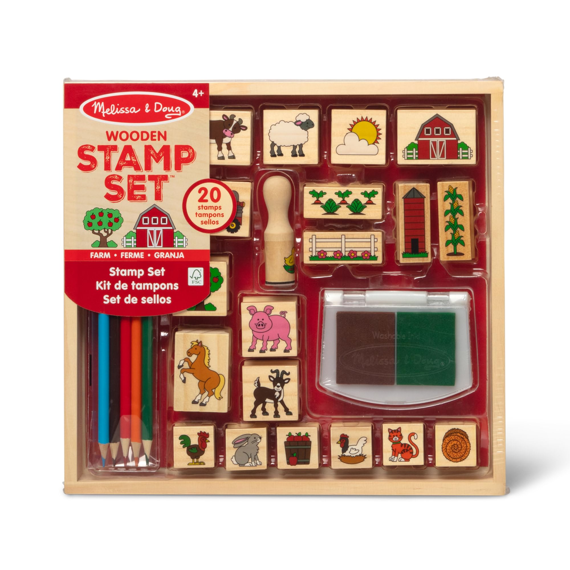 Melissa & Doug Stamp-a-Scene Farm, 20 Wooden Stamps with 2-Color Ink Pad & 5 Colored Pencils, Creative Arts & Crafts Toy for Kids Age 4+