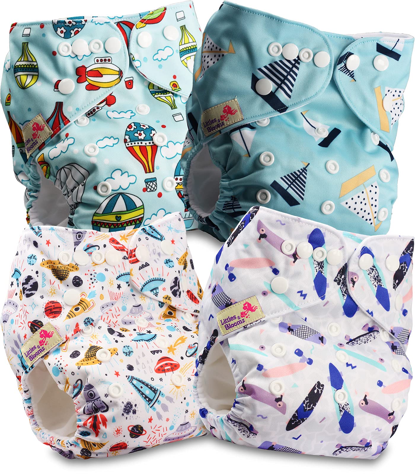 Littles and Bloomz Baby Reusable Pocket Nappy Cloth Diaper, Standard Popper, 4 Nappies, FLP2-0403