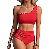 Charmo Womens One Shoulder Bikini Sets High Waisted Tummy Control Bathing Suits Ribbed Scalloped Two Piece Swimsuit 2026