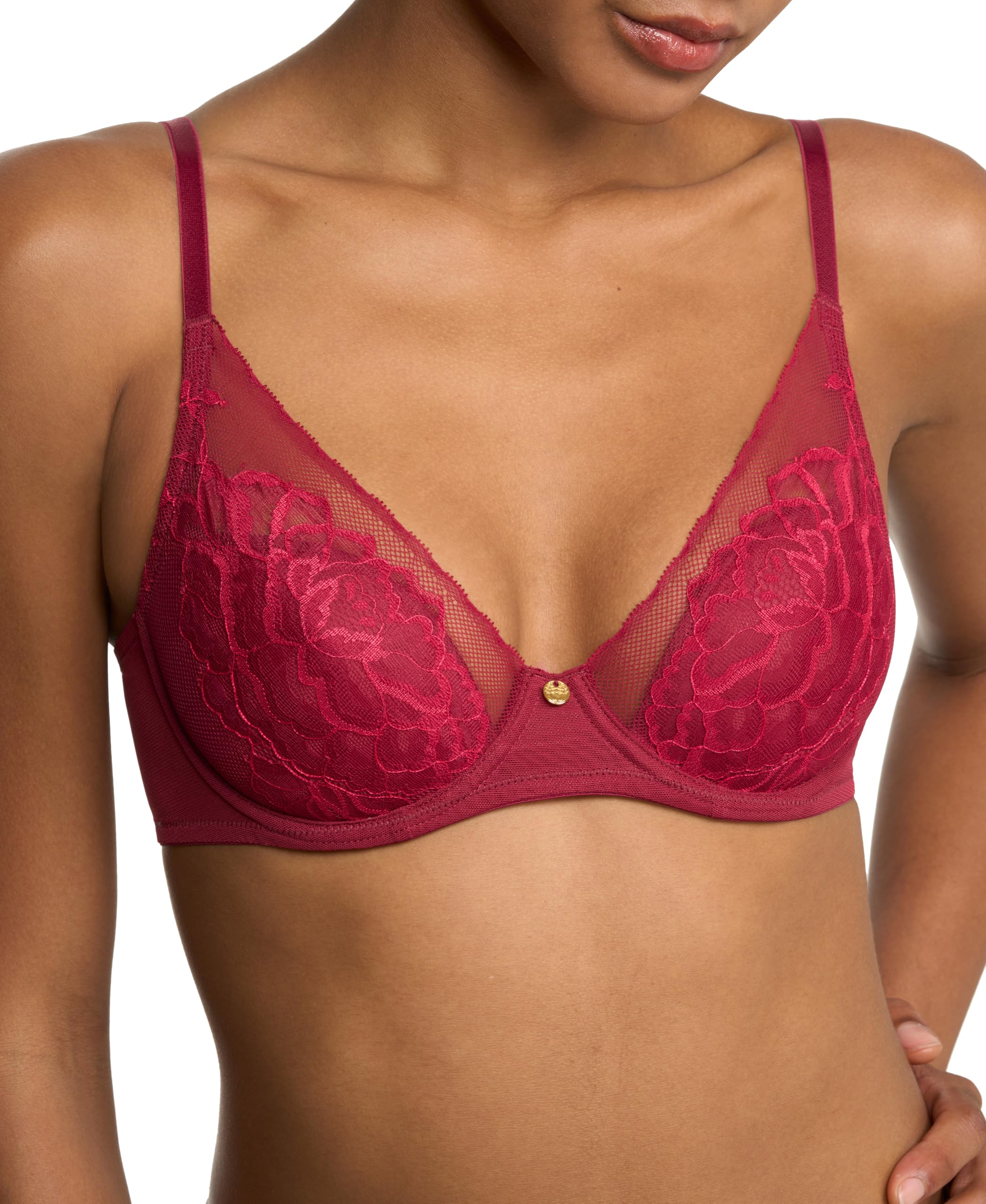 Natori Women’s Flora Lace Plunge T-Shirt Bra 721150, DK RED/Bonfire, 32G