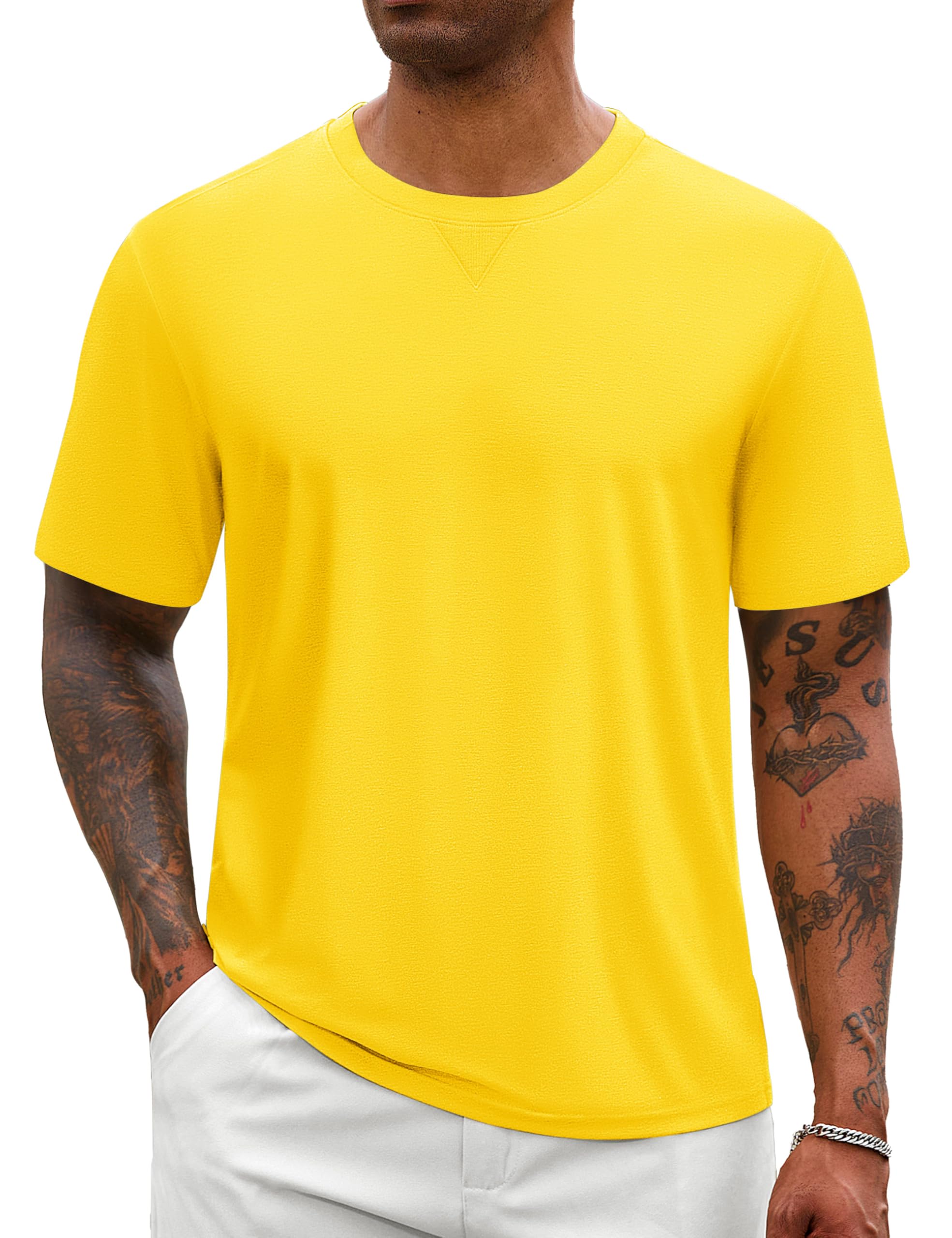 Photo 1 of **WASH NEEDED**
Cotrasen Men's ClassicT-Shirts Short Sleeve Drop Shoulder Cooling T-Shirt Casual Loose Fit UPF 50+ Tee Shirts for Summer Yellow M