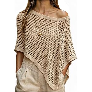 SOLY HUX Women's Hollow Out Sheer Poncho Top | Off The Shoulder, Asymmetrical, Sheer, Flowy, Knit Top, Sweater Shawl